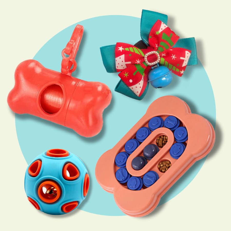 Dog Puzzle Treat Toy + Poop Bag + Bell Ball + Bow